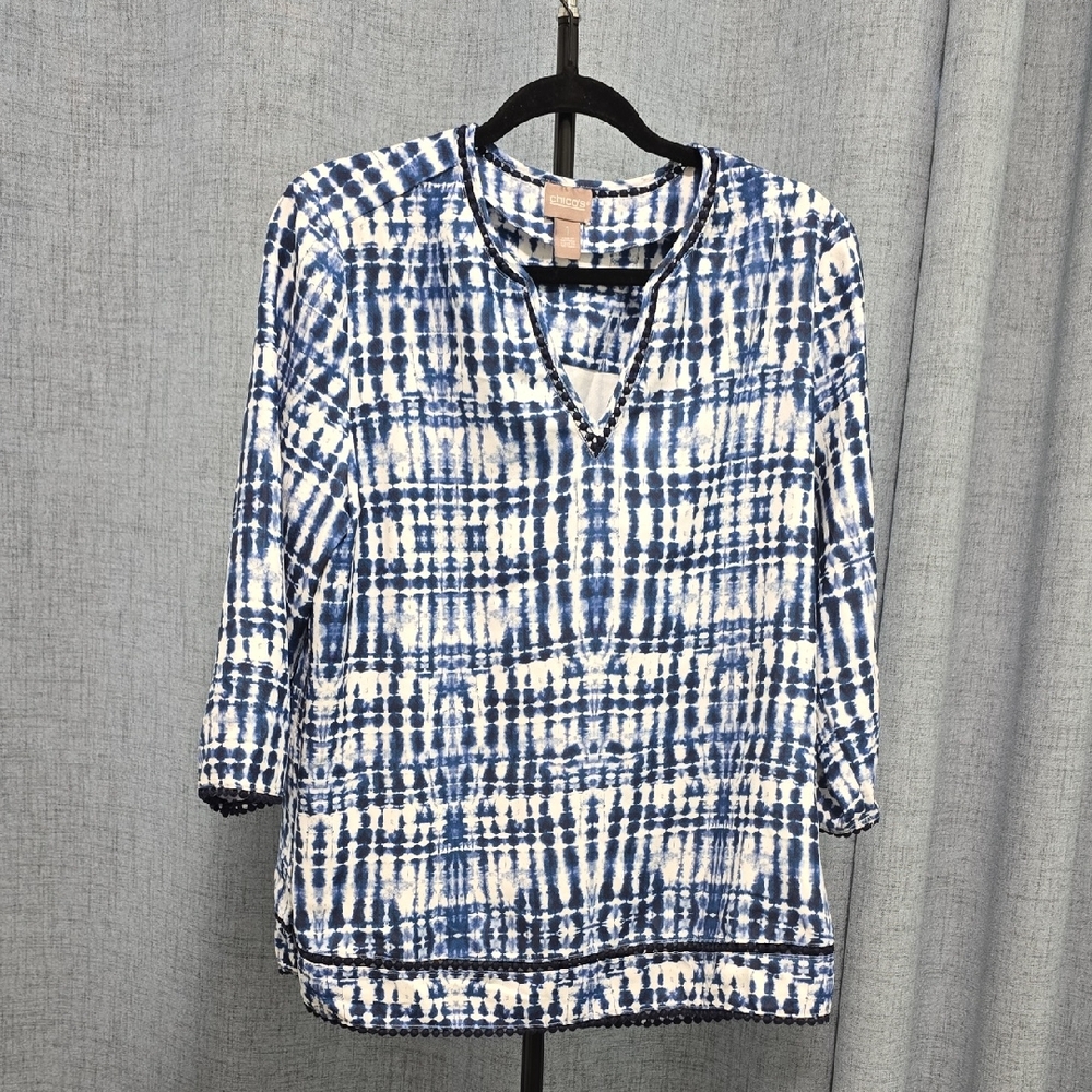 Chico's Blue and White Tie Dye Women's Top Size 8/10 Chicos Sz 1  3/4‎ Sleeve